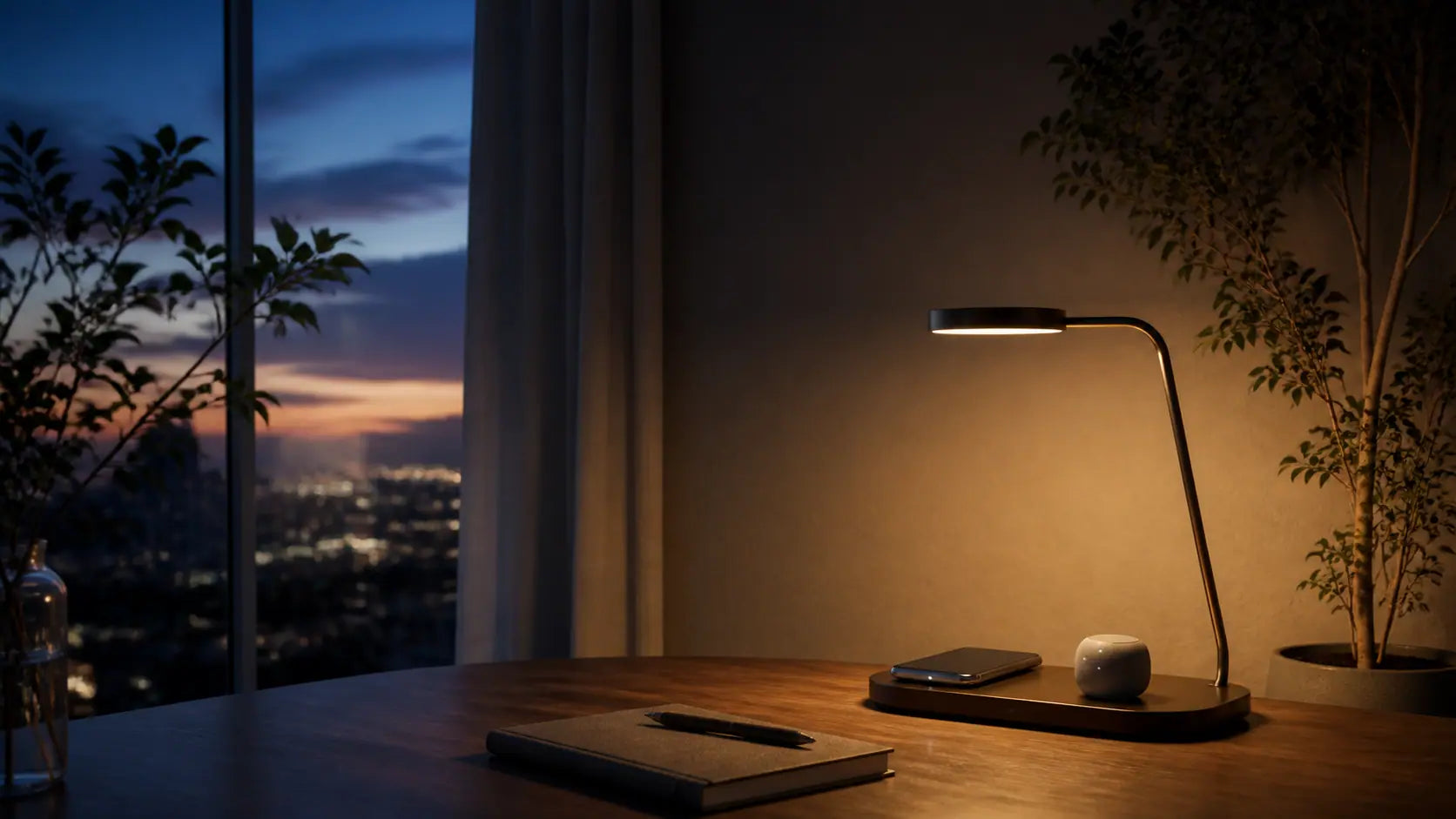 A warmly lit desk beside a city window at dusk